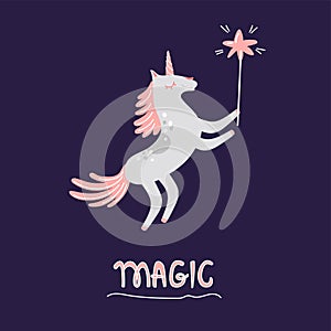 Cute unicorn rearing up with magic stick. Cartoon character. Funny animal in flat style isolated on dark background.