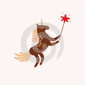 Cute unicorn rearing up with magic stick. Cartoon character. Funny animal in flat style isolated on white background.