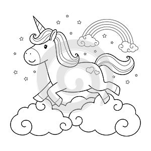 Cute unicorn running on the clouds, Cartoon linear style coloring page, Isolated on white background, Vector Illustration.