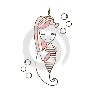 Cute unicorn sea horse vector cartoon illustration isolated on white background