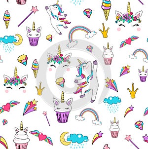 Cute unicorn seamless pattern background vector with horse, cupcake, head, heart, rainbow, diamond, clouds isolated on