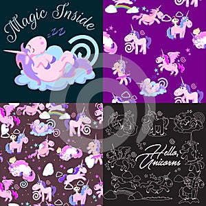 Cute unicorn seamless pattern, magic pegasus flying with wing and horn on rainbow, fantasy horse vector illustration