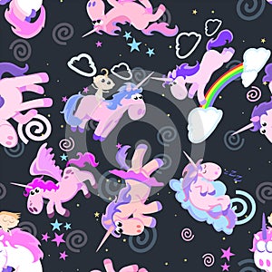 Cute unicorn seamless pattern, magic pegasus flying with wing and horn on rainbow, fantasy horse vector illustration