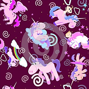 Cute unicorn seamless pattern, magic pegasus flying with wing and horn on rainbow, fantasy horse vector illustration