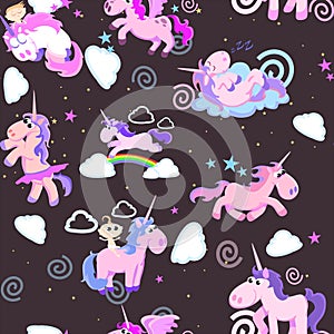 Cute unicorn seamless pattern, magic pegasus flying with wing and horn on rainbow, fantasy horse vector illustration