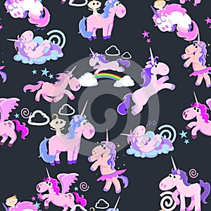 Cute unicorn seamless pattern, magic pegasus flying with wing and horn on rainbow, fantasy horse vector illustration