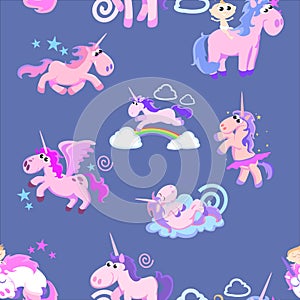 Cute unicorn seamless pattern, magic pegasus flying with wing and horn on rainbow, fantasy horse vector illustration