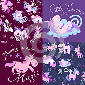 Cute unicorn seamless pattern, magic pegasus flying with wing and horn on rainbow, fantasy horse vector illustration