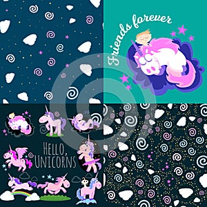 Cute unicorn seamless pattern, magic pegasus flying with wing and horn on rainbow, fantasy horse vector illustration