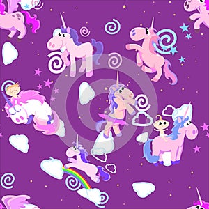 Cute unicorn seamless pattern, magic pegasus flying with wing and horn on rainbow, fantasy horse vector illustration