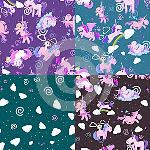 Cute unicorn seamless pattern, magic pegasus flying with wing and horn on rainbow, fantasy horse vector illustration