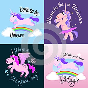 Cute unicorn set, magic pegasus flying with wing and horn on rainbow, fantasy horse vector illustration, myth
