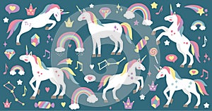 Cute unicorn set. Vector characters for birthday, invitation, baby shower card, kids t-shirts and stickers kit. Hand