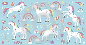 Cute unicorn set. Vector characters for birthday, invitation, baby shower card, kids t-shirts and stickers kit. Hand