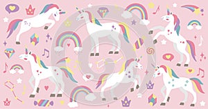 Cute unicorn set. Vector characters for birthday, invitation, baby shower card, kids t-shirts and stickers kit. Hand