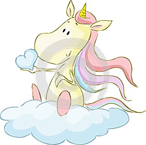 Cute Unicorn Sitting on Cloud, Holding Heart from Glouds - Vector Illustration