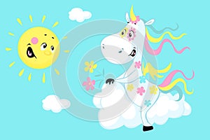 Cute Unicorn Sitting on a Cloud and Smiling Sun - Vector