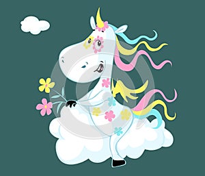 Cute Unicorn Sitting on a Cloud - Vector