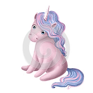 cute unicorn sitting, watercolor style fantasy illustration with cartoon character