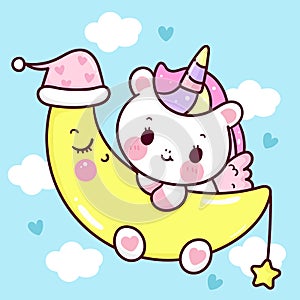 Cute unicorn sleep vector pegasus pony cartoon on moon with star magic and cloud sleeping time for sweet dream