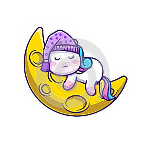 cute unicorn sleeping moon cartoon vector illustration