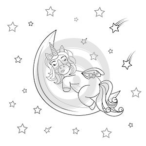 Cute unicorn sleeping on the moon, vector illustration.