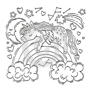 Cute unicorn is sleeping on a rainbow surrounded by clouds and the moon. Vector illustration for children coloring book