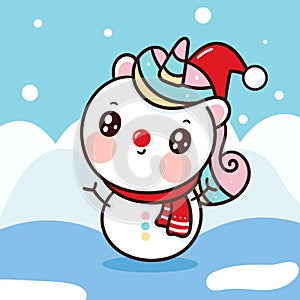 Cute Unicorn snowman vector hug christmas tree pony cartoon x mas festival happy new year
