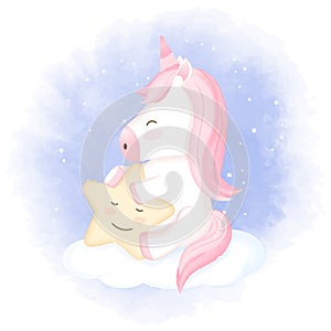 Cute unicorn with star on cloud hand drawn cartoon illustration watercolor