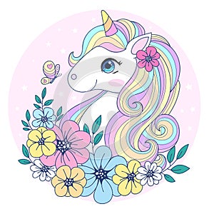 Cute unicorn with surrounded by flowers and butterflies. Vector illustration