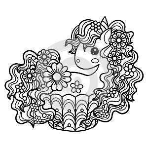 Cute unicorn sweet cupcake. Kawaii cartoon pony animals. Doodle style. Black and white image. Vector