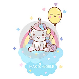 Cute Unicorn vector with balloon and rainbow on cloud and mini heart pastel color, Happy birthday party, Kawaii pony cartoon