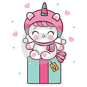 Cute Unicorn vector with christmas gift pony cartoon x mas festival happy new year