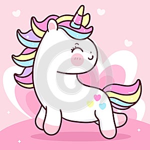 Cute Unicorn vector fly on pastel sky with heart cloud pony cartoon kawaii animals background Valentines day gift