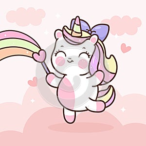 Cute Unicorn vector hoding love magic wand with rainbow pony cartoon pastel background
