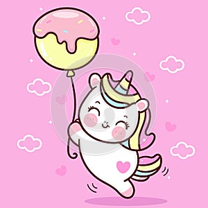 Cute Unicorn vector holding cupcake balloon and letter on sky with heart pony cartoon sweet pastel background Valentines day