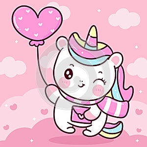 Cute Unicorn vector holding heart balloon and letter on sky with heart pony cartoon sweet pastel background Valentines day