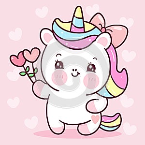 Cute Unicorn vector holding heart flower pony cartoon kawaii animals pastel background Valentines day gift