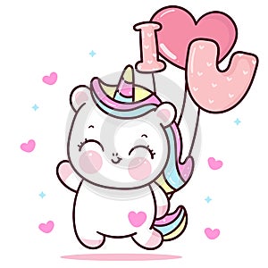 Cute Unicorn vector holding love balloon on sky with heart pony cartoon pastel background Valentines day