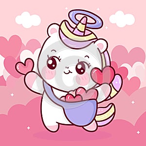 Cute Unicorn vector holiding sweet heart pony cartoon pastel background Valentines day