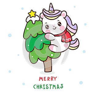 Cute Unicorn vector hug christmas tree pony cartoon x mas festival happy new year