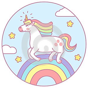 Cute unicorn vector illustration. Colorful unicorn flying on the rainbow.
