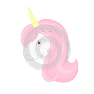 Cute unicorn. Vector isolated unicorn head with beautiful pink mane and horn.