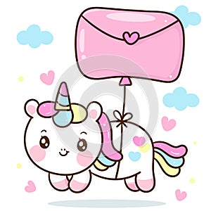 Cute Unicorn vector with letter balloon on sky with heart pony cartoon sweet pastel background Valentines day