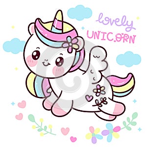 Cute Unicorn vector Pegasus fly on sky with flower garden pony cartoon pastel background