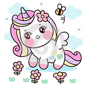 Cute Unicorn vector Pegasus holding with flower and bee pony cartoon pastel background Valentines day