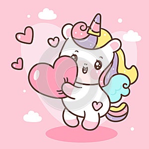 Cute Unicorn vector pegasus hug heart pony cartoon pastel background Valentine day festivel photo