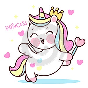 Cute Unicorn vector Pegasus princess fly with pastel heart and magic wand pony cartoon kawaii animals background Valentines day gi