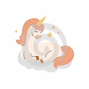 Cute Unicorn vector pony cartoon on cloud. Magic sleeping time for sweet dream