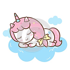 Cute Unicorn vector pony cartoon sleep on cloud, Kawaii Animal character